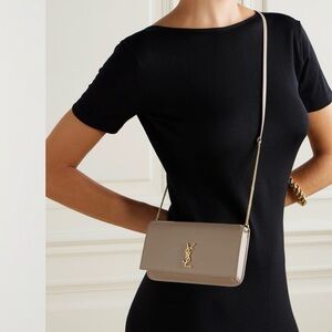 Saint Laurent taupe leather crossbody with gold logo chain